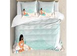 Abakuhaus Set Copripiumino Con Motivo Grafico Per Letti Singoli, Ragazza E Cane Sulla Costa, Antiacaro, Adatto A Chi Soffre Di Allergie, Con Federa, 200 Cm X 200 Cm - 80 X 80 Cm, Multicolore