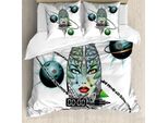 Abakuhaus Set Copripiumino Colorato Per Letti Singoli, Ragazze Futuristiche Pianeti, Antiacaro, Adatto A Chi Soffre Di Allergie, Con Federa, 200 Cm X 200 Cm - 80 X 80 Cm, Azzurro E Multicolore
