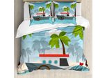 Abakuhaus Set Copripiumino Grafico Per Letti Singoli, Cartoon Boat Palms, Antiacaro, Adatto A Chi Soffre Di Allergie, Con Federa, 155 Cm X 220 Cm - 80 X 80 Cm, Multicolore