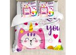 Abakuhaus Set Copripiumino Per Letto Singolo, Unicorno Colorato E Gattino, Antiacaro, Adatto A Chi Soffre Di Allergie, Con Federa, 155 Cm X 220 Cm - 80 X 80 Cm, Multicolore