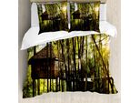 Abakuhaus Set Copripiumino Per Letto Singolo, Capanna Nell'idilliaco Bosco, Antiacaro, Adatto A Chi Soffre Di Allergie, Con Federa, 155 Cm X 220 Cm - 80 X 80 Cm, Giallo Verde Marrone Scuro