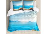 Abakuhaus Set Copripiumino Grafico Per Letti Singoli, Seascape Cartoon, Antiacaro, Adatto A Chi Soffre Di Allergie, Con Federa, 155 Cm X 220 Cm - 80 X 80 Cm, Azzurro Pastello Marrone