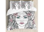 Abakuhaus Set Copripiumino Astratto Per Letto Singolo, Disegno Floreale Femminile, Antiacaro E Anallergico Con Federa, 155 Cm X 220 Cm - 80 X 80 Cm, Rosa Pallido E Grigio