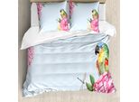 Abakuhaus Set Copripiumino Per Letto Singolo Con Motivo Floreale E Insetti, Pappagalli Acquerellati, Antiacaro E Anallergico, Con Federa, 155 Cm X 220 Cm - 80 X 80 Cm, Azzurro E Multicolore