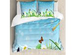 Abakuhaus Set Copripiumino Per Letto Singolo Con Motivo Floreale E Insetti, Prato Soleggiato, Antiacaro, Adatto A Chi Soffre Di Allergie, Con Federa, 200 Cm X 200 Cm - 80 X 80 Cm, Blu Cielo Profondo Multicolore