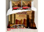 Abakuhaus Georgia Set Copripiumino Per Letti Singoli, Retro Car E City Skyline, Antiacaro, Adatto A Chi Soffre Di Allergie, Con Federa, 155 Cm X 220 Cm - 80 X 80 Cm, Cacao Scuro Multicolore