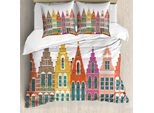 Abakuhaus Amsterdam Set Copripiumino Per Letti Singoli, Case Europee Colorate, Antiacaro, Adatto A Chi Soffre Di Allergie, Con Federa, 155 Cm X 220 Cm - 80 X 80 Cm, Arancione Bruciato Multicolore