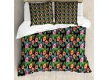 Abakuhaus Set Copripiumino Per Letto Singolo, Con Motivo Palme E Fiori, Antiacaro E Anallergico, Con Federa, 155 Cm X 220 Cm - 80 X 80 Cm, Multicolore
