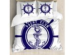 Abakuhaus Set Copripiumino Vintage Nautical Tattoo Per Letti Singoli, Volante Rope, Antiacaro, Adatto A Chi Soffre Di Allergie, Con Federa, 155 Cm X 220 Cm - 80 X 80 Cm, Indaco Bianco