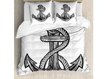 Abakuhaus Set Copripiumino Vintage Nautical Tattoo Per Letti Singoli, Ancora Monocromatica, Antiacaro E Anallergico Con Federa, 200 Cm X 200 Cm - 80 X 80 Cm, Grigio Antracite E Bianco