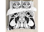 Abakuhaus Set Copripiumino Vintage Con Tatuaggi Nautici Per Letti Singoli, Disegno Sirene, Antiacaro E Anallergico Con Federa, 155 Cm X 220 Cm - 80 X 80 Cm, Grigio Antracite E Bianco