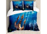 Abakuhaus Set Copripiumino Neptun Per Letti Singoli, Trident Underwater, Antiacaro, Adatto A Chi Soffre Di Allergie, Con Federa, 200 Cm X 200 Cm - 80 X 80 Cm, Blu Cobalto Multicolore