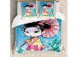 Abakuhaus Set Copripiumino Per Letto Singolo Con Motivo Ombrellini, Geisha, Antiacaro, Adatto A Chi Soffre Di Allergie, Con Federa, 155 Cm X 220 Cm - 80 X 80 Cm, Blu Cielo Profondo Multicolore