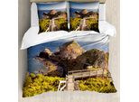 Abakuhaus Australia Set Copripiumino Per Letti Singoli, Rocks-Bridge And The Sea, Antiacaro, Adatto A Chi Soffre Di Allergie, Con Federa, 200 Cm X 200 Cm - 80 X 80 Cm, Marrone Chiaro Verde Blu