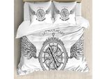 Abakuhaus Set Copripiumino Vintage Nautical Tattoo Per Letti Singoli, Antique Compass, Antiacaro E Anallergico Con Federa, 155 Cm X 220 Cm - 80 X 80 Cm, Grigio Antracite E Bianco