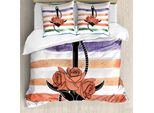 Abakuhaus Set Copripiumino Vintage Nautical Tattoo Per Letti Singoli, Rose, Fiori E Ancore, Antiacaro, Adatto A Chi Soffre Di Allergie, Con Federa, 155 Cm X 220 Cm - 80 X 80 Cm, Multicolore
