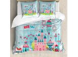 Abakuhaus Set Copripiumino Per Letto Singolo, Childish Cartoon Fun, Antiacaro, Adatto A Chi Soffre Di Allergie, Con Federa, 200 Cm X 200 Cm - 80 X 80 Cm, Azzurro Multicolore