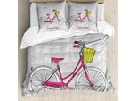 Abakuhaus Set Copripiumino Per Letto Singolo Torre Eiffel, Bonjour Paris Bicicletta, Antiacaro, Adatto A Chi Soffre Di Allergie, Con Federa, 155 Cm X 220 Cm - 80 X 80 Cm, Grigio Chiaro Rosa
