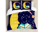 Set Copripiumino Abakuhaus Per Letti Singoli, Sleeping Owl Couple Crescent, Antiacaro, Adatto A Chi Soffre Di Allergie, Con Federa, 155 Cm X 220 Cm - 80 X 80 Cm, Indaco E Multicolore