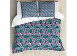 Abakuhaus Set Copripiumino Per Letti Singoli, Fiori E Foglie Grafici, Antiacaro, Adatto A Chi Soffre Di Allergie, Con Federa, 200 Cm X 200 Cm - 80 X 80 Cm, Fucsia Chiaro Verde Mare