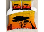 Abakuhaus Set Copripiumino Silhouette Per Letti Singoli, Savannah Animali Tramonto, Antiacaro, Adatto A Chi Soffre Di Allergie, Con Federa, 200 Cm X 200 Cm - 80 X 80 Cm, Arancione Marrone
