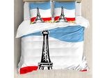 Abakuhaus Set Copripiumino Per Letto Singolo Torre Eiffel, Famoso Motivo Francese, Antiacaro, Adatto A Chi Soffre Di Allergie, Con Federa, 200 Cm X 200 Cm - 80 X 80 Cm, Bianco Multicolore
