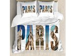 Abakuhaus Set Copripiumino Per Letto Singolo Torre Eiffel, Collage Moderno Con Scritte, Antiacaro E Anallergico, Con Federa, 200 Cm X 200 Cm - 80 X 80 Cm, Blu Cielo Scuro Multicolore
