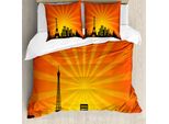 Abakuhaus Set Copripiumino Per Letto Singolo Torre Eiffel, City Skyline Sunburst, Antiacaro, Adatto A Chi Soffre Di Allergie, Con Federa, 200 Cm X 200 Cm - 80 X 80 Cm, Arancione Terra Giallo