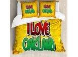 Abakuhaus Oakland Set Copripiumino Per Letti Singoli, Stile Pop Art Tipografico, Antiacaro E Anallergico Con Federa, 155 Cm X 220 Cm - 80 X 80 Cm, Giallo Terra E Verde Felce