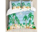 Abakuhaus Set Copripiumino Per Letto Singolo, Villaggio Con Case E Alberi, Antiacaro, Adatto A Chi Soffre Di Allergie, Con Federa, 155 Cm X 220 Cm - 80 X 80 Cm, Pale Sky Blue Multicolor