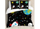 Abakuhaus Set Copripiumino Per Letti Singoli, Stelle, Terra, Luna, Razzo, Antiacaro, Adatto A Chi Soffre Di Allergie, Con Federa, 155 Cm X 220 Cm - 80 X 80 Cm, Multicolore Grigio Antracite