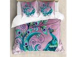 Abakuhaus Set Copripiumino Peacock Per Letti Singoli, Motivo Astratto Esotico Con Uccelli, Antiacaro, Adatto A Chi Soffre Di Allergie, Con Federa, 200 Cm X 200 Cm - 80 X 80 Cm, Pale Fuchsia Multicolor