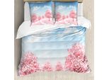 Abakuhaus Set Copripiumino Primaverile Per Letti Singoli, Blooming Sakura Baum-Szene, Antiacaro, Adatto A Chi Soffre Di Allergie, Con Federa, 155 Cm X 220 Cm - 80 X 80 Cm, Azzurro Cielo Rosa Pastello