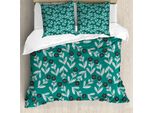 Abakuhaus Set Copripiumino Per Letti Singoli, Fiori Astratti Surreali, Antiacaro, Adatto A Chi Soffre Di Allergie, Con Federa, 200 Cm X 200 Cm - 80 X 80 Cm, Verde Acqua Bianco Grigio Carbone