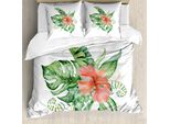 Abakuhaus Set Copripiumino Per Letti Singoli, Fiori Esotici, Foglie, Bouquet, Antiacaro, Adatto A Chi Soffre Di Allergie, Con Federa, 200 Cm X 200 Cm - 80 X 80 Cm, Bianco Salmone, Verde Felce