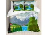 Set Copripiumino Da Viaggio Abakuhaus Per Letti Singoli, Stile Cartone Animato Lago Cascata, Antiacaro, Adatto A Chi Soffre Di Allergie, Con Federa, 155 Cm X 220 Cm - 80 X 80 Cm, Multicolore