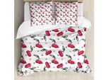 Abakuhaus Set Copripiumino Per Letto Singolo, Ciliegie Su Cuori Bicolori, Antiacaro, Adatto A Chi Soffre Di Allergie, Con Federa, 200 Cm X 200 Cm - 80 X 80 Cm, Rosa Scuro E Verde Reseda