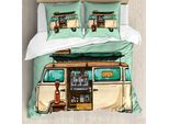 Abakuhaus Set Copripiumino Vintage Trucks Per Letti Singoli, Street Coffee Van, Antiacaro, Adatto A Chi Soffre Di Allergie, Con Federa, 155 Cm X 220 Cm - 80 X 80 Cm, Verde Menta Multicolore