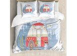 Abakuhaus Set Copripiumino Vintage Trucks Per Letti Singoli, Furgone Con Pupazzo Di Neve, Antiacaro, Adatto A Chi Soffre Di Allergie, Con Federa, 155 Cm X 220 Cm - 80 X 80 Cm, Multicolore