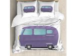 Abakuhaus Set Copripiumino Vintage Trucks Per Letti Singoli, Vista Laterale Funny Van, Antiacaro, Adatto A Chi Soffre Di Allergie, Con Federa, 200 Cm X 200 Cm - 80 X 80 Cm, Pale Eggshell Seafoam