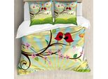 Abakuhaus Set Copripiumino Per Letto Singolo Con Motivo Floreale, Uccellini Su Un Albero, Antiacaro, Adatto A Chi Soffre Di Allergie, Con Federa, 200 Cm X 200 Cm - 80 X 80 Cm, Fern Green Multicolor