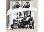 Abakuhaus Set Copripiumino Vintage Trucks Per Letti Singoli, Disegno Trattore Agricolo, Antiacaro, Adatto A Chi Soffre Di Allergie, Con Federa, 155 Cm X 220 Cm - 80 X 80 Cm, Marrone Scuro E Bianco