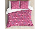Abakuhaus Set Copripiumino Botanico Per Letti Singoli, Foglie E Fiori Stilizzati, Antiacaro, Adatto A Chi Soffre Di Allergie, Con Federa, 200 Cm X 200 Cm - 80 X 80 Cm, Blu Mare Fucsia