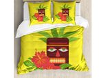 Set Copripiumino Abakuhaus Luau Per Letti Singoli, Tiki Ed Exotic Hibiscus, Antiacaro, Adatto A Chi Soffre Di Allergie, Con Federa, 200 Cm X 200 Cm - 80 X 80 Cm, Giallo E Multicolore