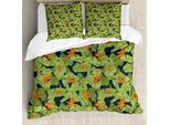Set Copripiumino Abakuhaus Luau Per Letti Singoli, Foglie E Fiori A Strisce Aloha, Antiacaro, Adatto A Chi Soffre Di Allergie, Con Federa, 200 Cm X 200 Cm - 80 X 80 Cm, Blu Notte E Verde Lime