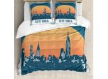 Abakuhaus Nyc Set Copripiumino Per Letto Singolo, New York City Al Tramonto, Antiacaro, Adatto A Chi Soffre Di Allergie, Con Federa, 155 Cm X 220 Cm - 80 X 80 Cm, Blu Petrolio Arancione