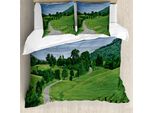 Abakuhaus Set Copripiumino Estivo Scenic Per Letti Singoli, Strada Idilliaca Nel Bosco, Antiacaro, Adatto A Chi Soffre Di Allergie, Con Federa, 155 Cm X 220 Cm - 80 X 80 Cm, Fern Green Sky Blue