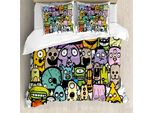 Abakuhaus Set Copripiumino Extraterrestre Per Letti Singoli, Monster-Freund-Familien-Doodle, Antiacaro, Adatto A Chi Soffre Di Allergie, Con Federa, 200 Cm X 200 Cm - 80 X 80 Cm, Grigio Antracite Multicolore