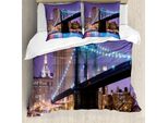 Abakuhaus Nyc Set Copripiumino Per Letti Singoli, Ponte Verso Manhattan, Antiacaro, Adatto A Chi Soffre Di Allergie, Con Federa, 200 Cm X 200 Cm - 80 X 80 Cm, Blu Viola Multicolore