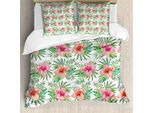 Set Copripiumino Abakuhaus Luau Per Letti Singoli, Foglie Di Ibisco E Monstera, Antiacaro, Adatto A Chi Soffre Di Allergie, Con Federa, 155 Cm X 220 Cm - 80 X 80 Cm, Rosa Vermiglio Acceso